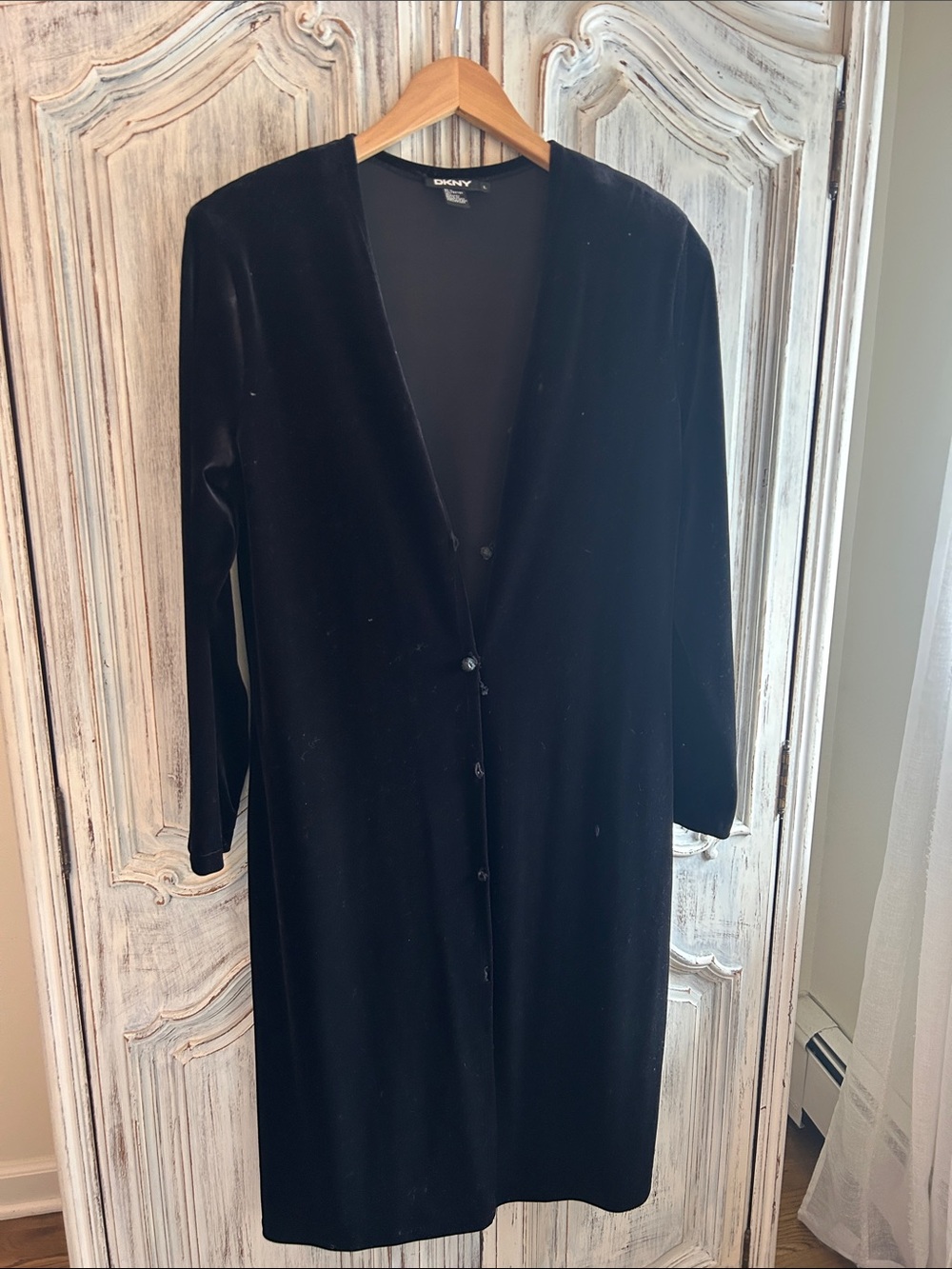 DKNY Black Velvet Long Sleeve Button-Front Dress